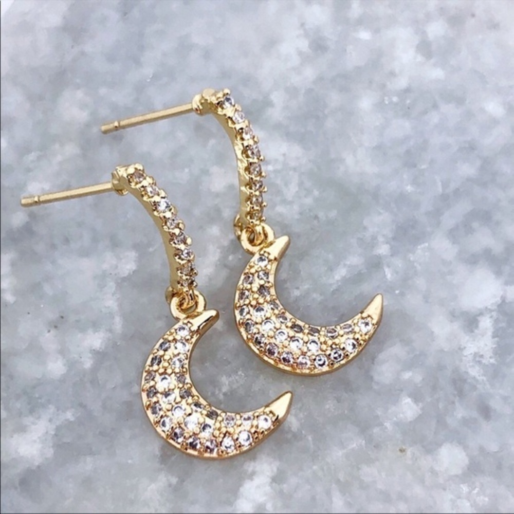 Paved Cubic Zirconia Gold Plated Moon Earrings​​​